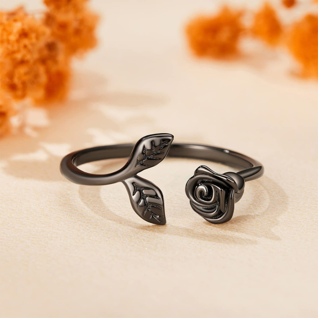 Strong As Fuck Black Rose & Leaf Open Ring
