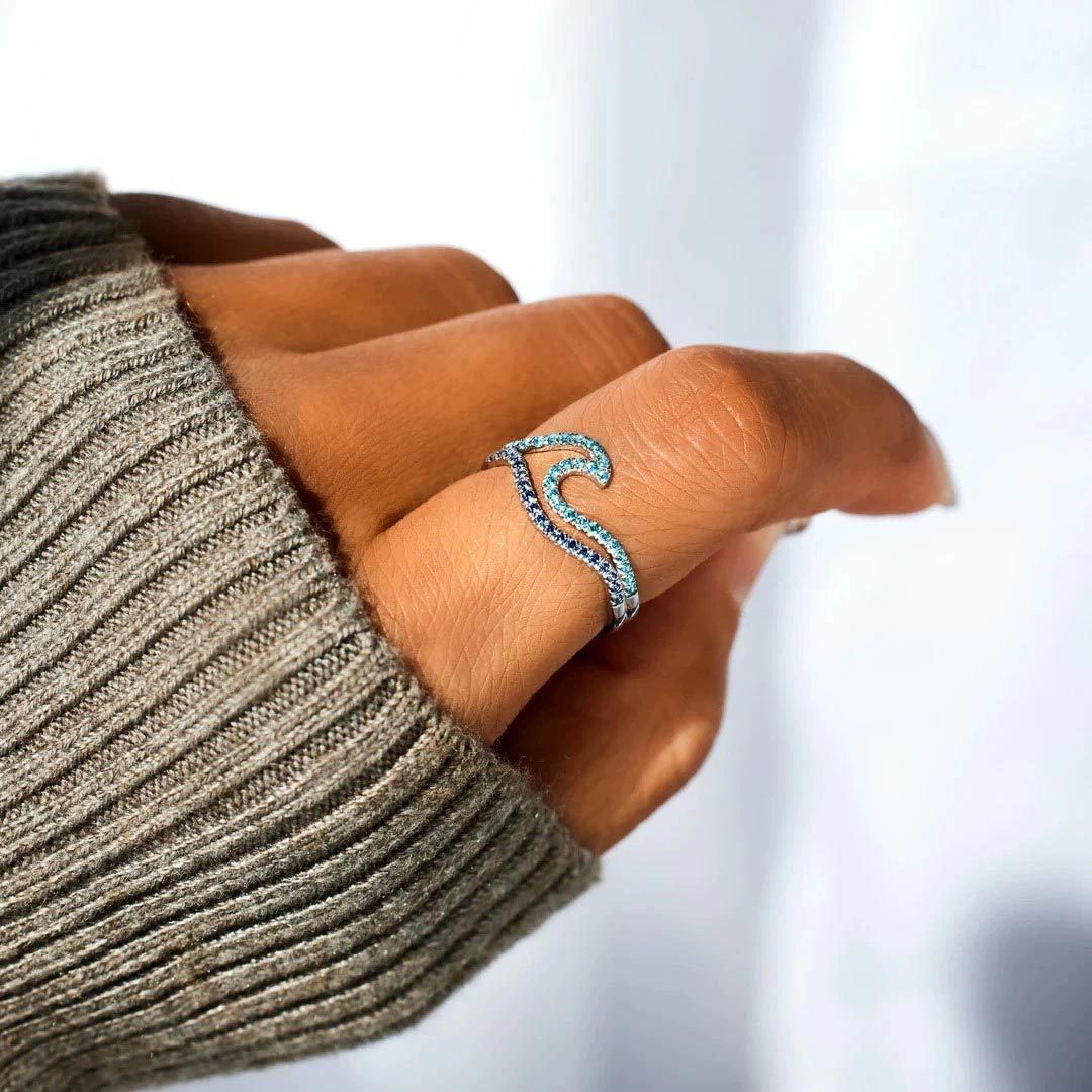 Double Blue Wave Ring-I Will Fall I Will Rise