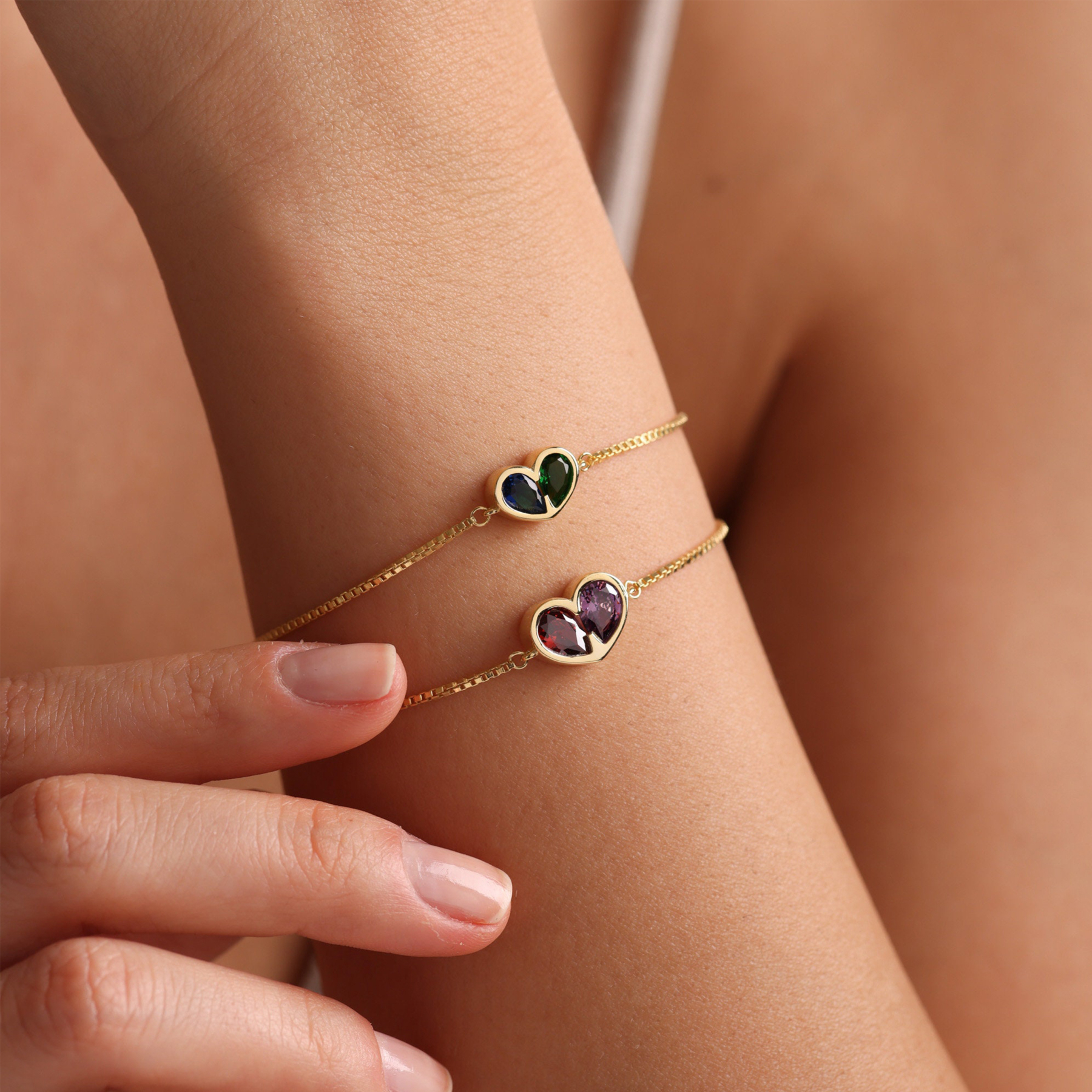 Mother And Daughter Forever Linked Together Custom Heart Birthstones Bracelet