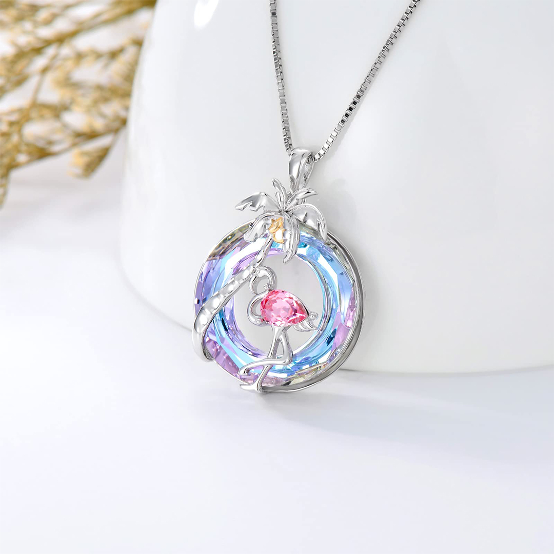 S925 Palm Tree and Flamingo Crystal Necklace