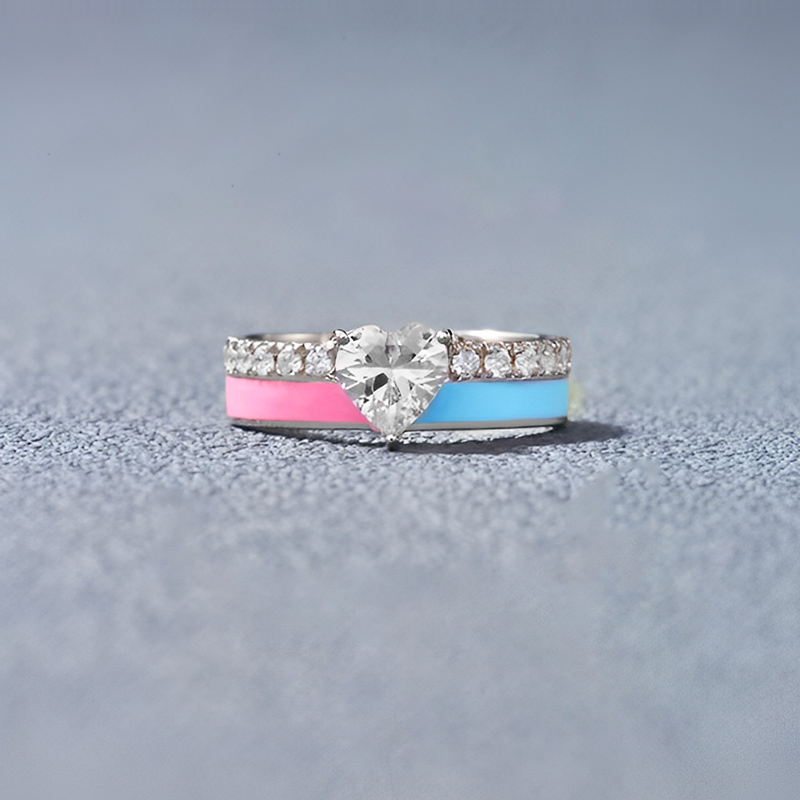 S925 Mama of an Angel Pink & Blue Enamel Heart Ring