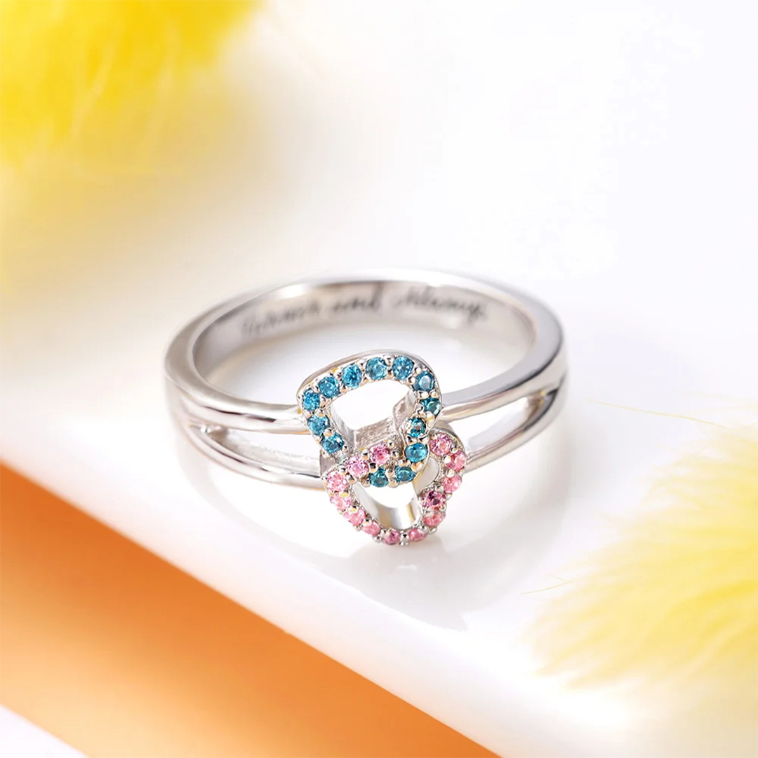 S925 Mother & Daughter Forever Linked Together Birthstone Custom Double Heart Ring