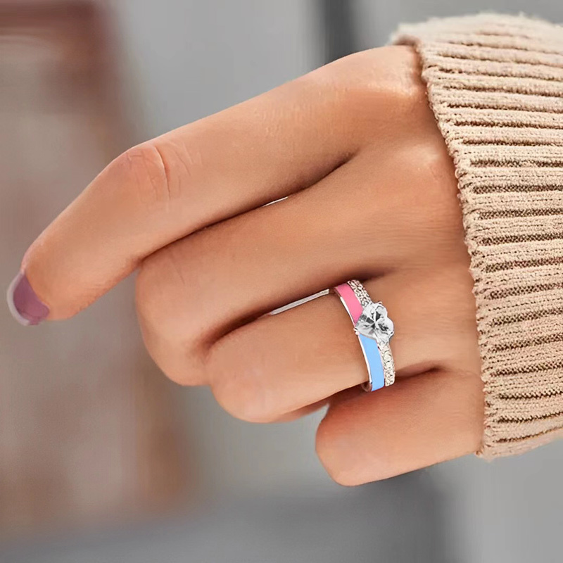 S925 Mama of an Angel Pink & Blue Enamel Heart Ring