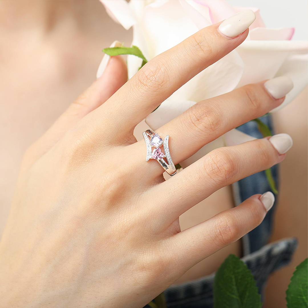 I Love You Forever-Personalized Promise Heart Birthstones Sterling Silver Ring