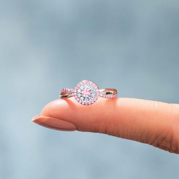 For Self - S925 Pink Blue Round Diamond Ring