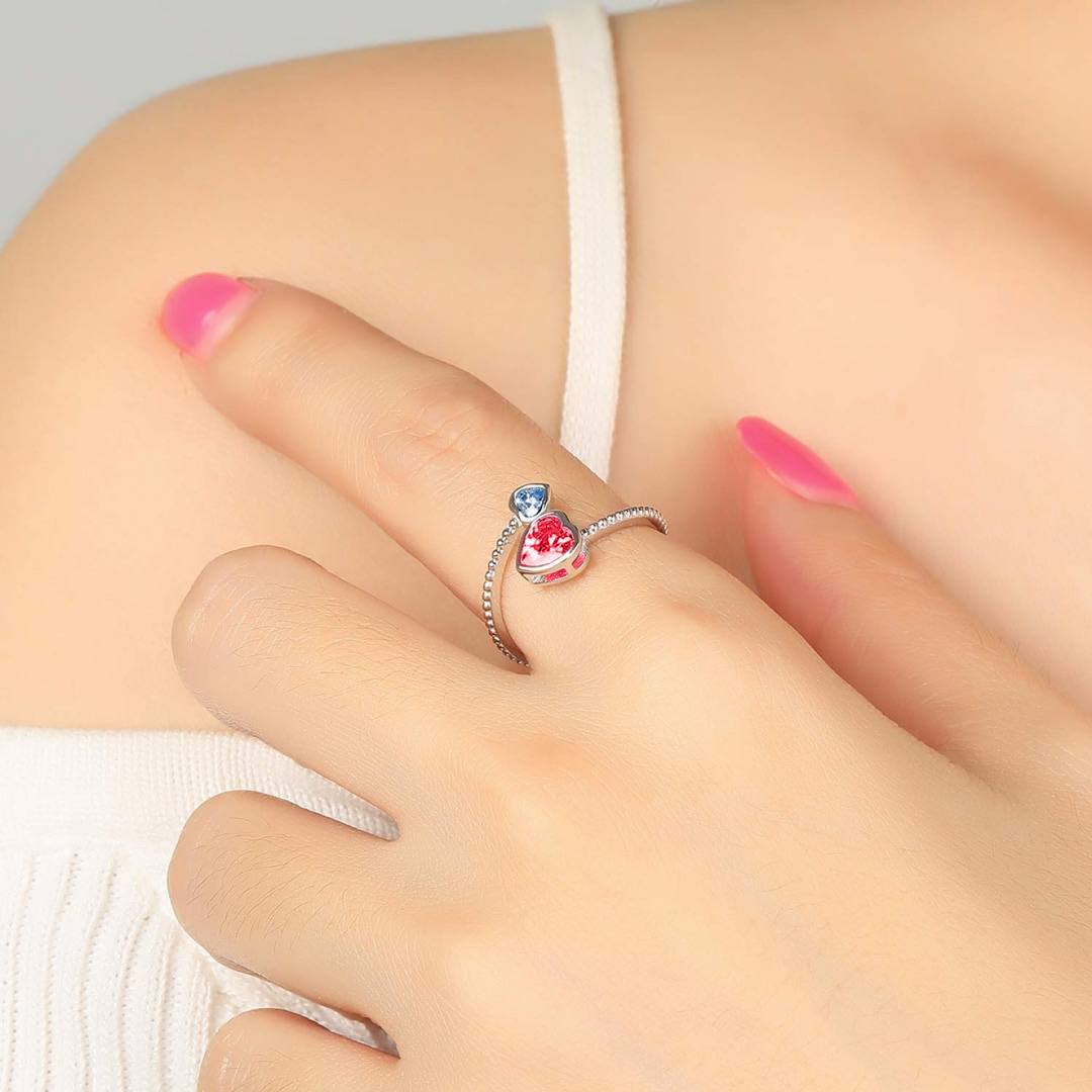 For Daughter - S925 Big Heart and Little Heart Birthstone Custom Ring