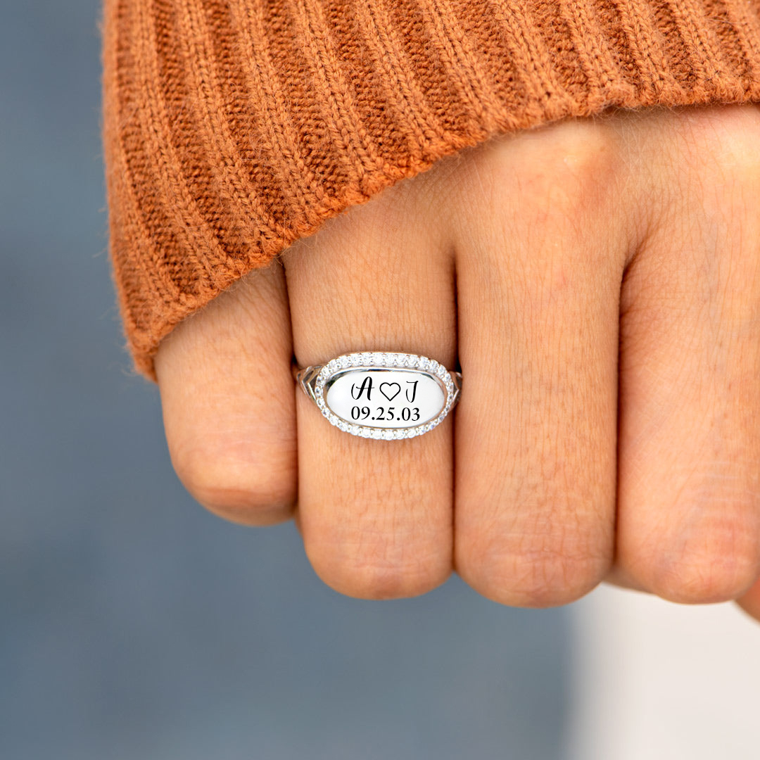 S925 Custom Initials & Special Date Diamond Oval Ring