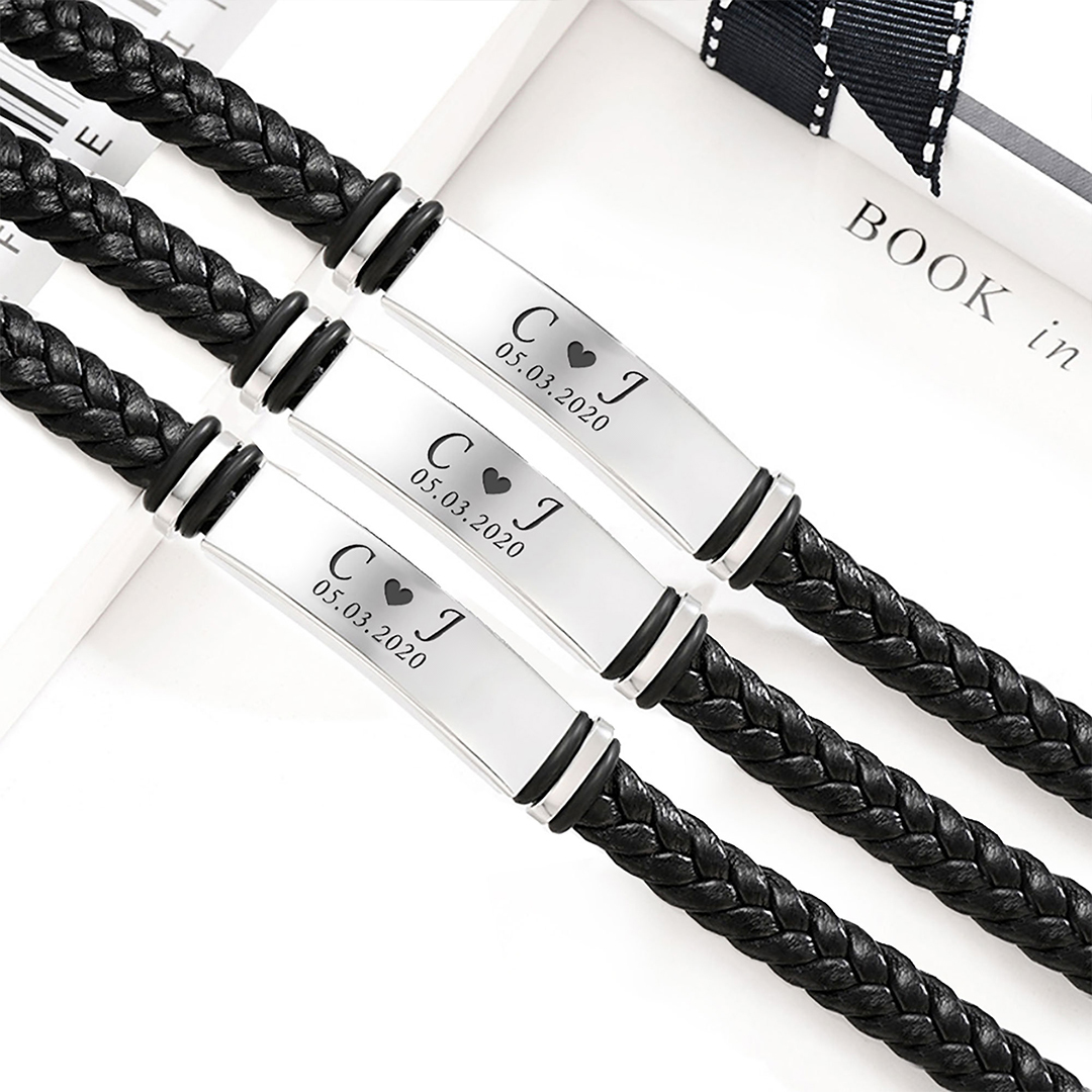 For Husband -  I Love You Until Infinity Runs Out Custom Initials And Date Horizontal Striped Leather Bracelet