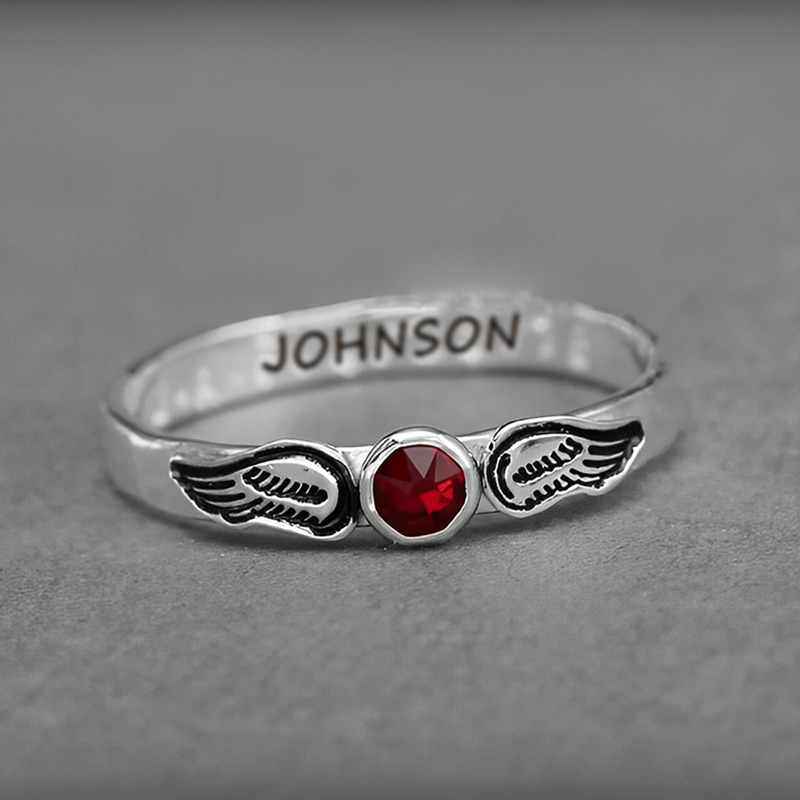 For Memorial - Hand Stamped Angel Wings Name & Birthstone Custom Ring