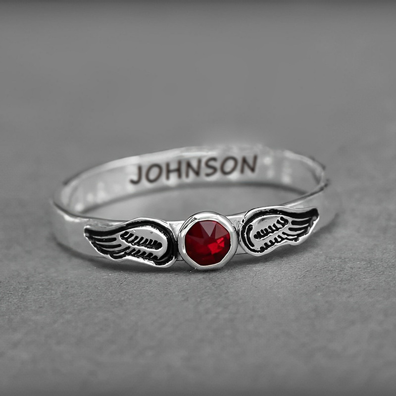 For Memorial - Hand Stamped Angel Wings Name & Birthstone Custom Ring