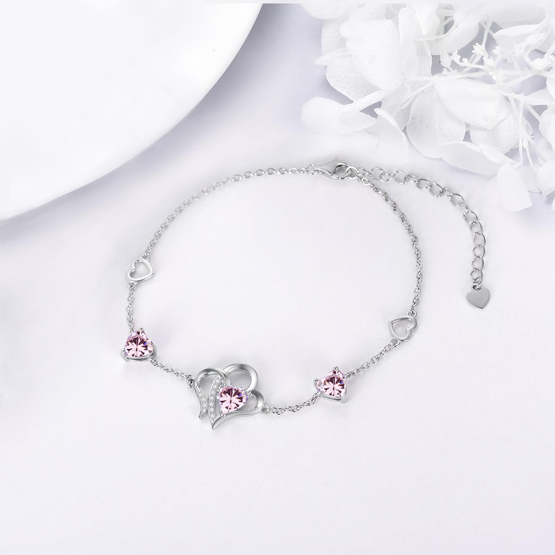 For Daughter-in-Law - S925 Birthstone Double Heart Bracelet