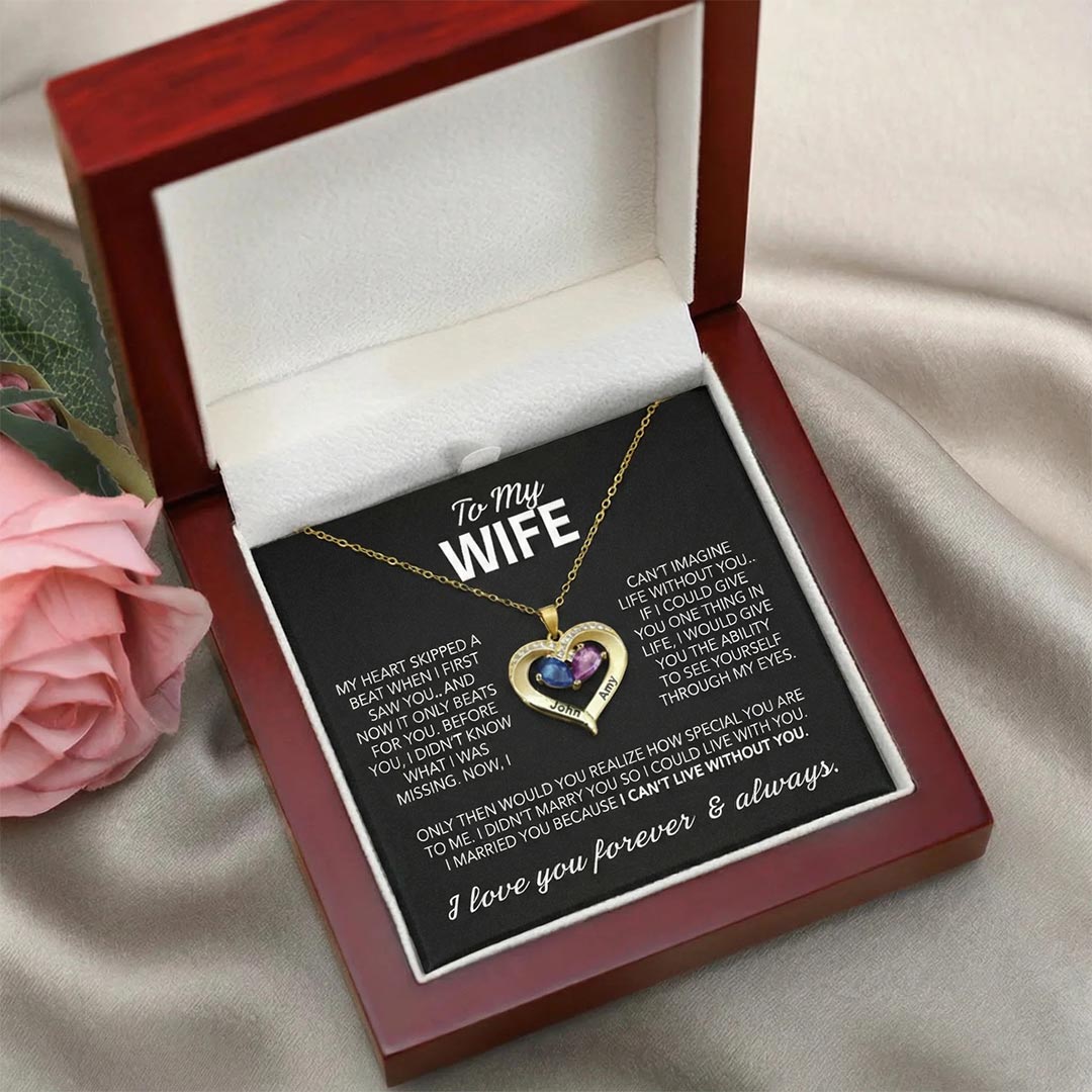 For Wife - My Heart Only Beats For You Customized Double Birthstones & Names Necklace
