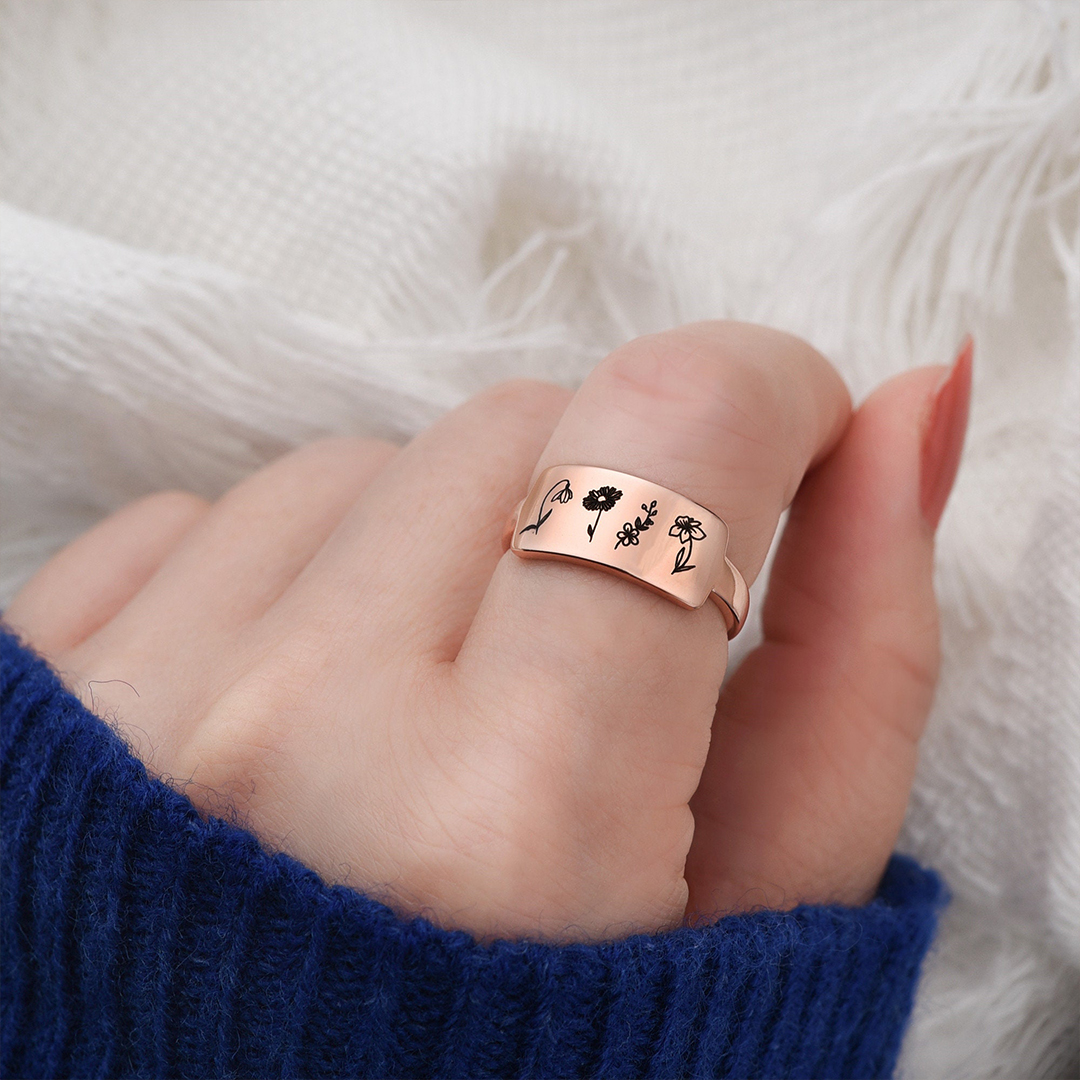 For Mother/Nana -Custom Birth Flower Bouquet Bar Ring
