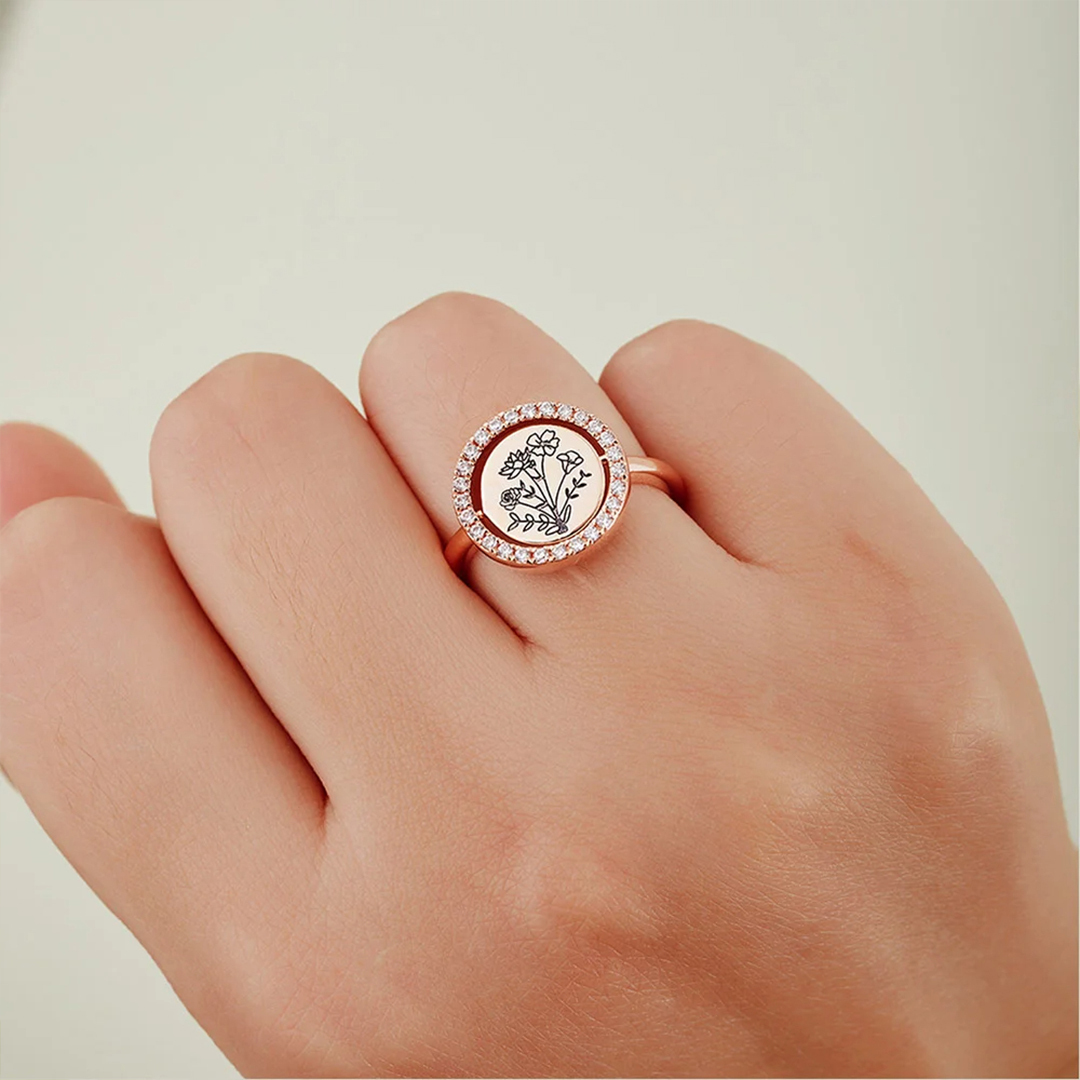 For Mama/Nana -  Rotatable round flower custom diamond Ring
