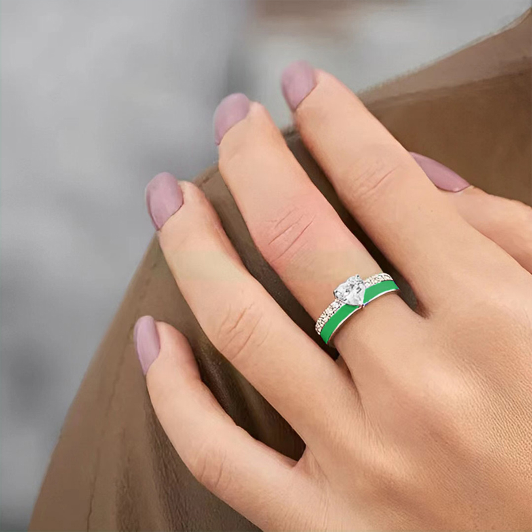 Mental Health Green Enamel Heart Ring
