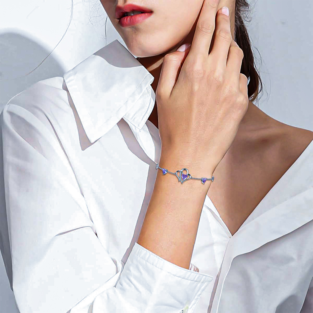 For Granddaughter - S925 Always Keep Me In Your Heart For You Are Always In Mine Amethyst Double Heart Bracelet