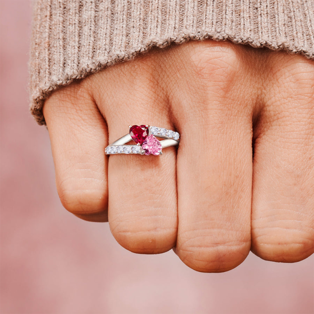 Mother And Daughter Forever Linked Together Heart Birthstones Custom Ring