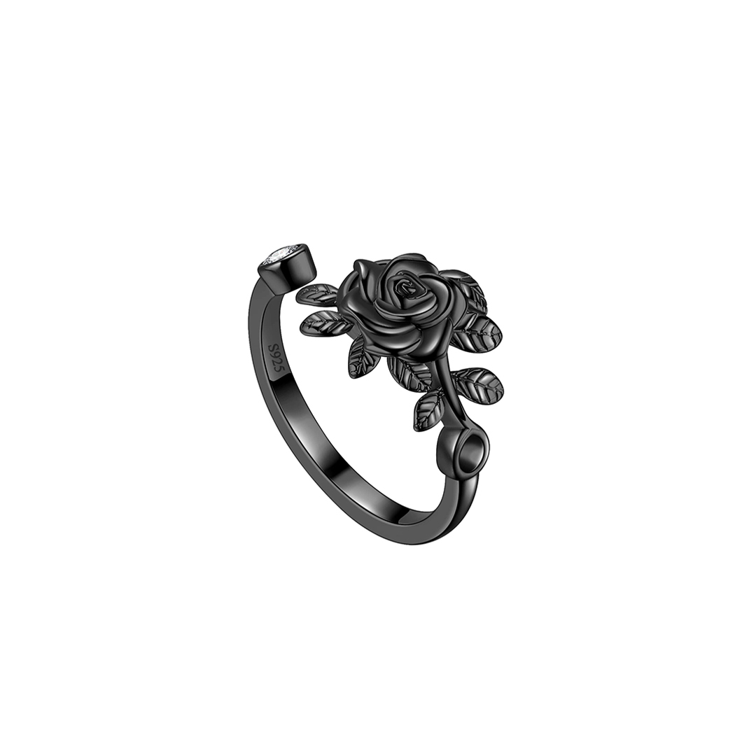 Burned and Survived Engraved Black Rose Open Ring