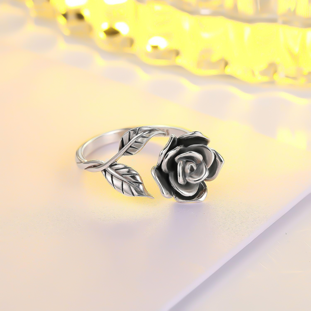 Strong As Fuck Black Rose & Leaf Open Ring