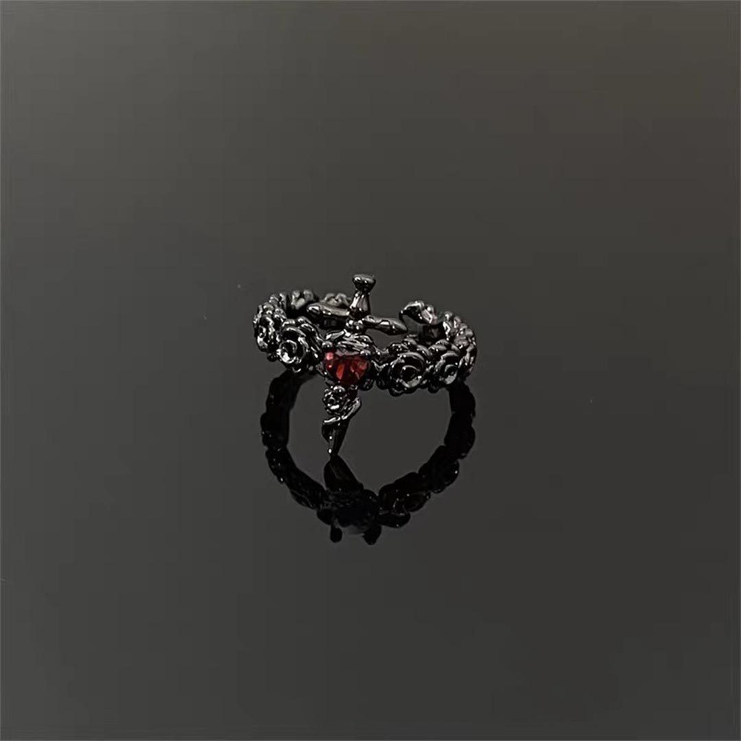 I’m Strong as Fuck-Black Rose Heart Sword Open Ring