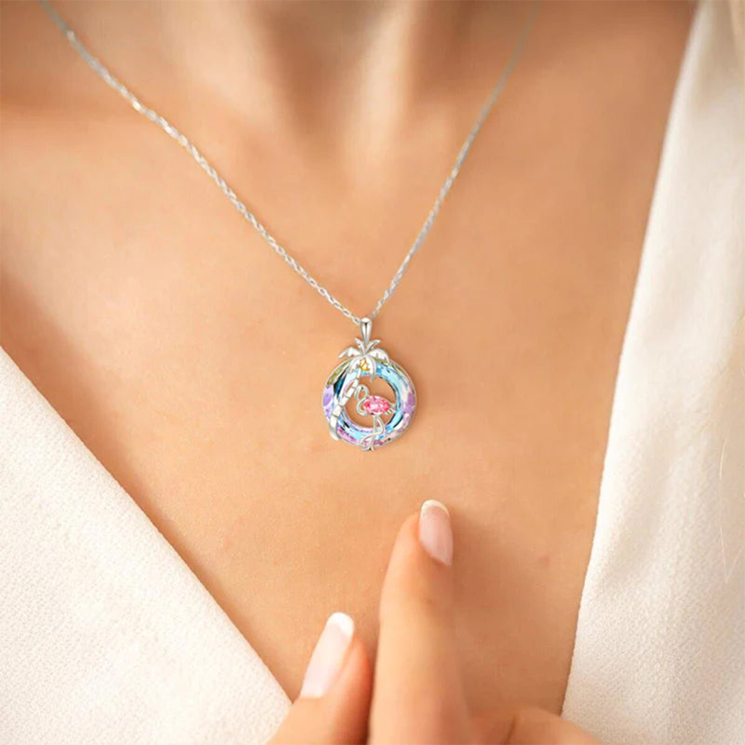 S925 Palm Tree and Flamingo Crystal Necklace