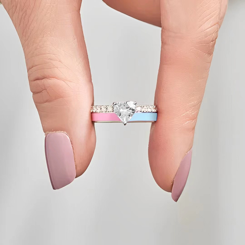S925 Mama of an Angel Pink & Blue Enamel Heart Ring