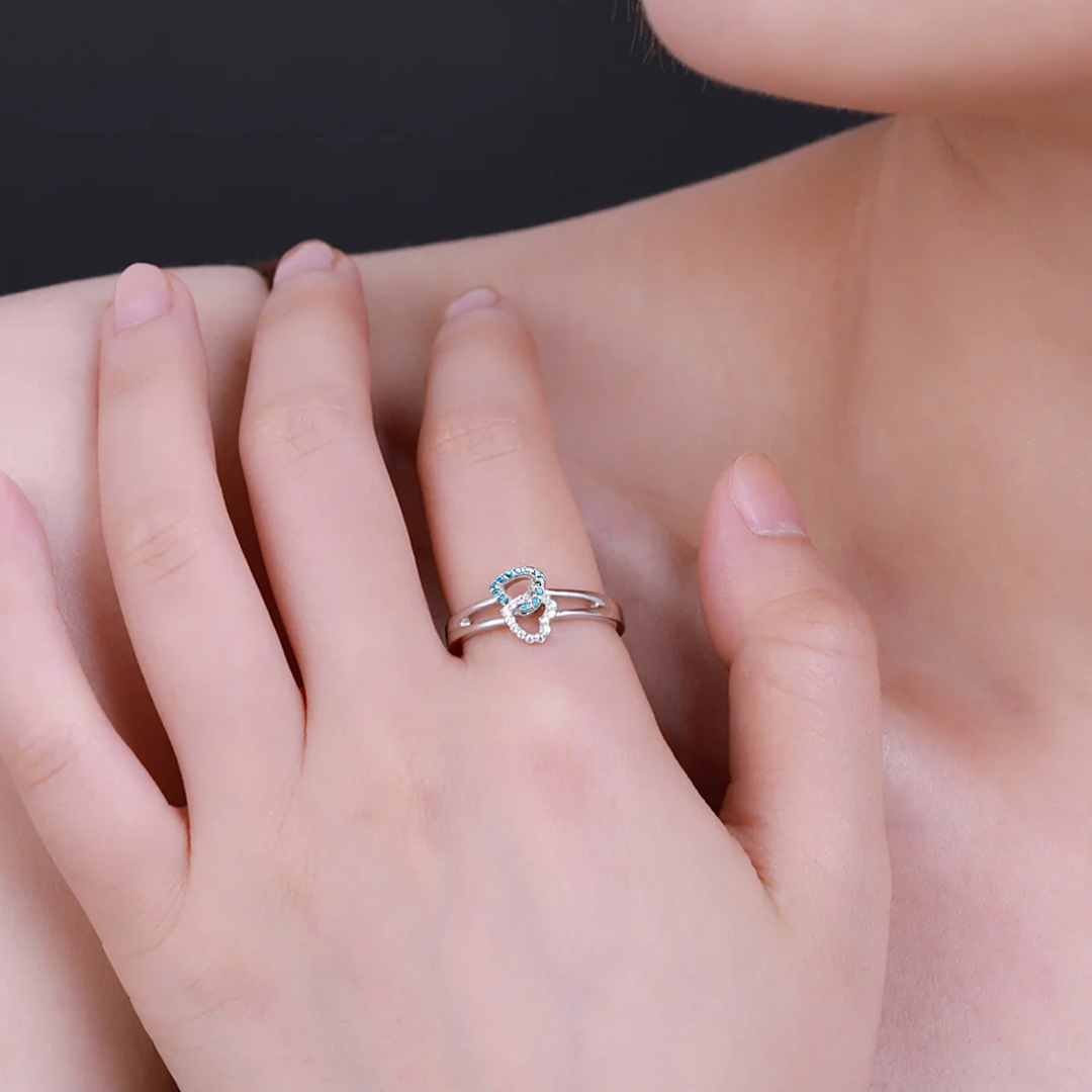S925 Mother & Daughter Forever Linked Together Birthstone Custom Double Heart Ring