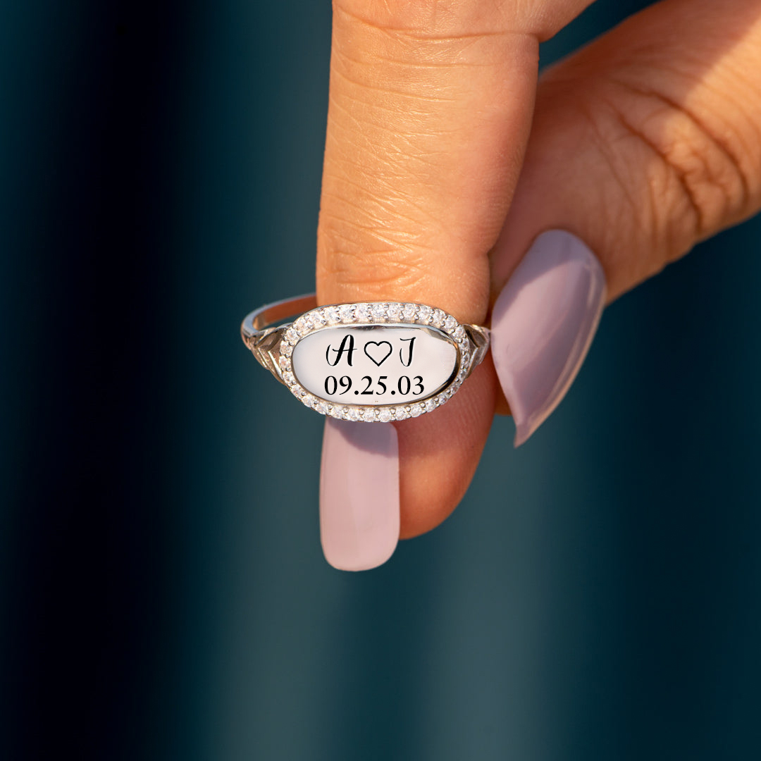 S925 Custom Initials & Special Date Diamond Oval Ring