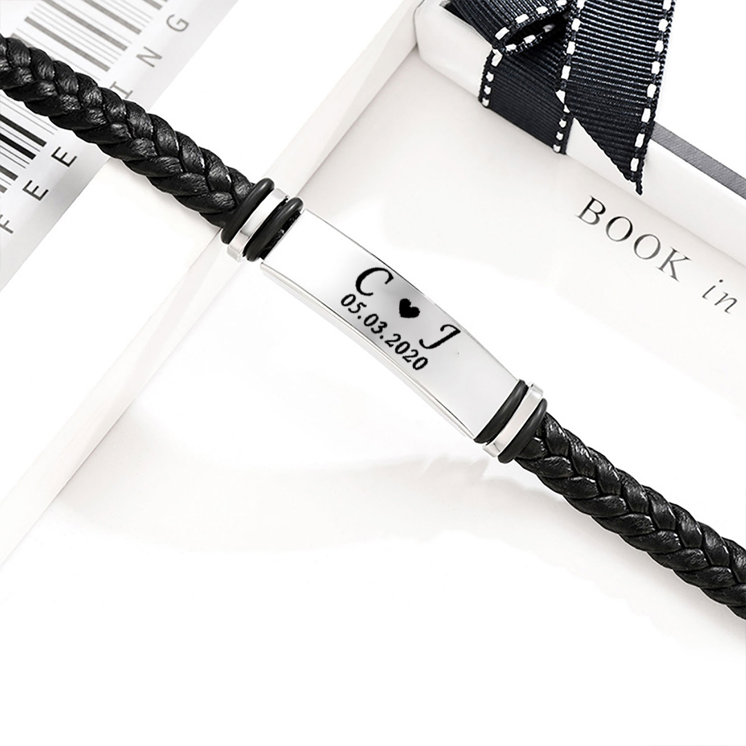 For Husband -  I Love You Until Infinity Runs Out Custom Initials And Date Horizontal Striped Leather Bracelet