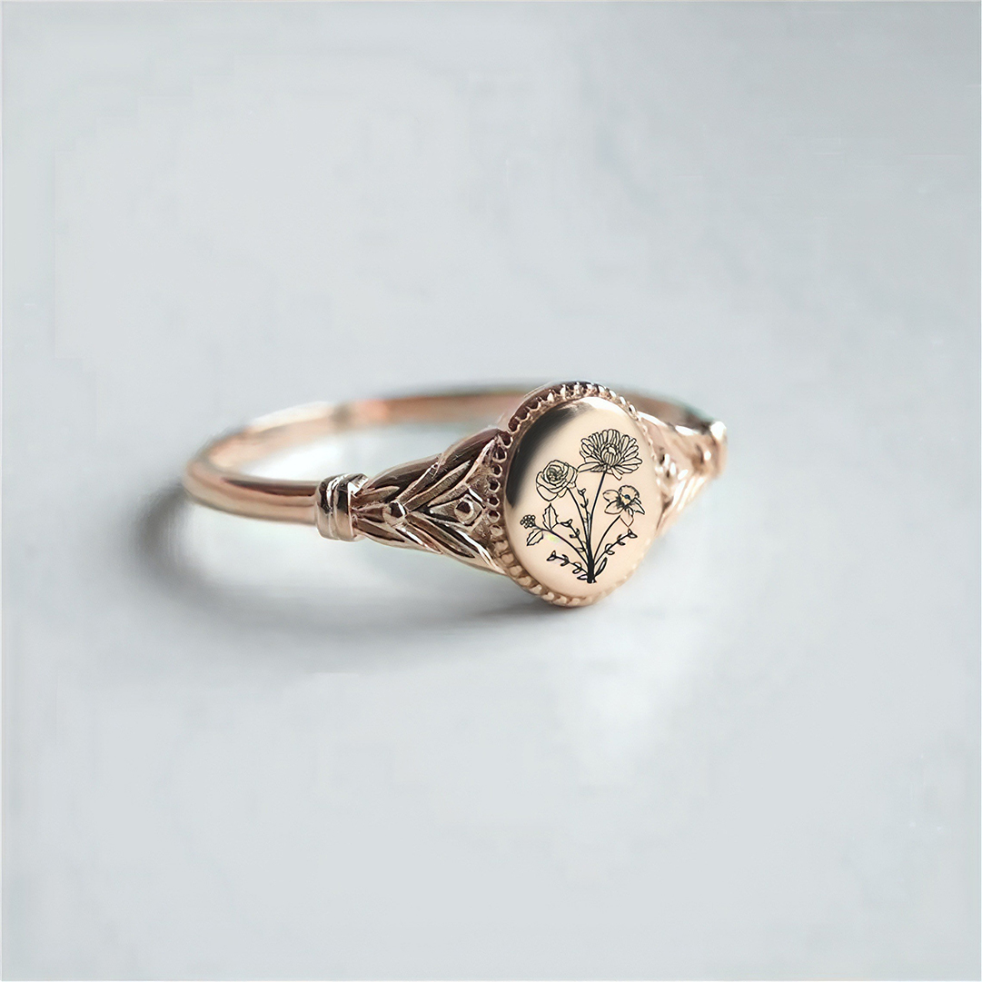 For Mother- Oval Birthday Flower Customized Ring