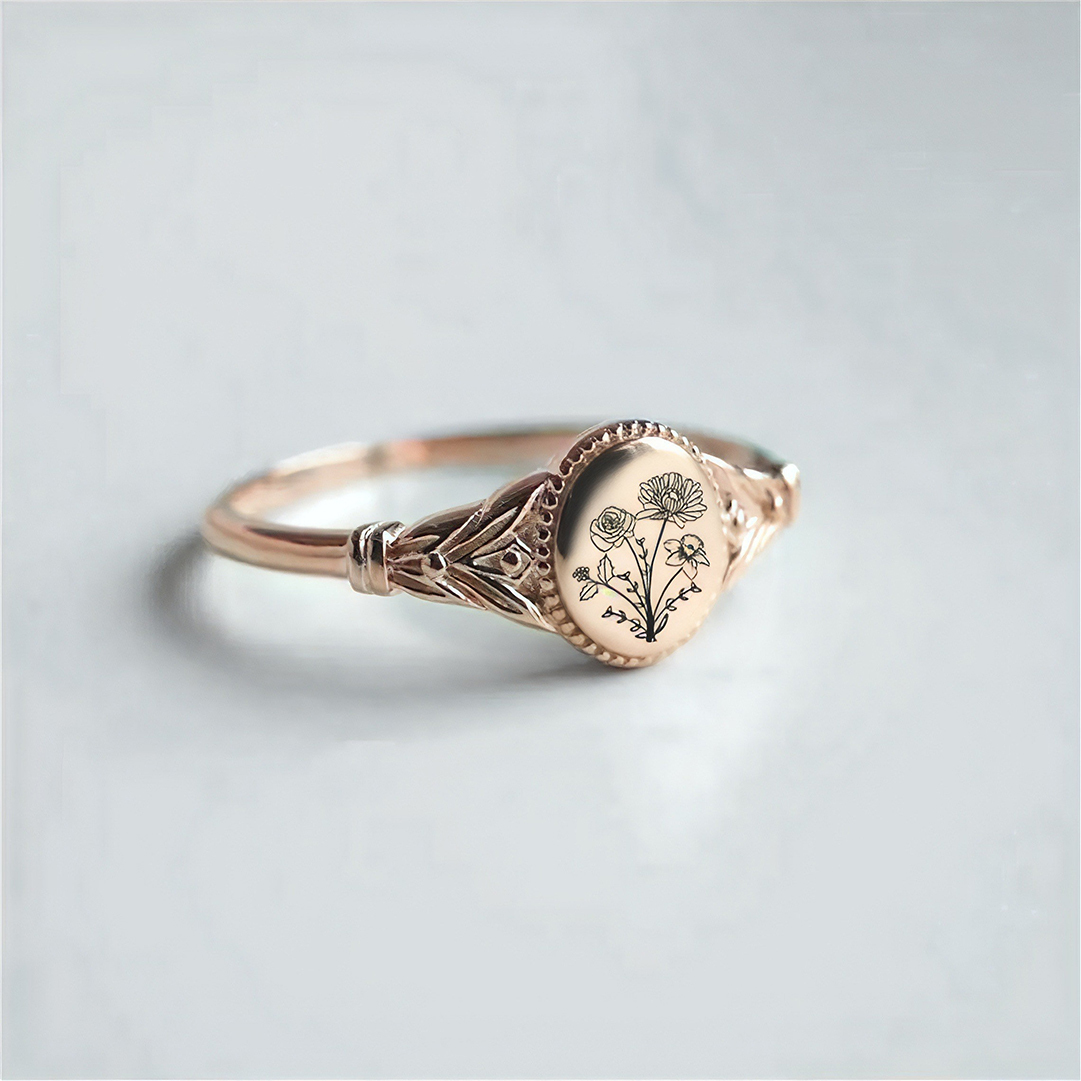 For Mother- Oval Birthday Flower Customized Ring