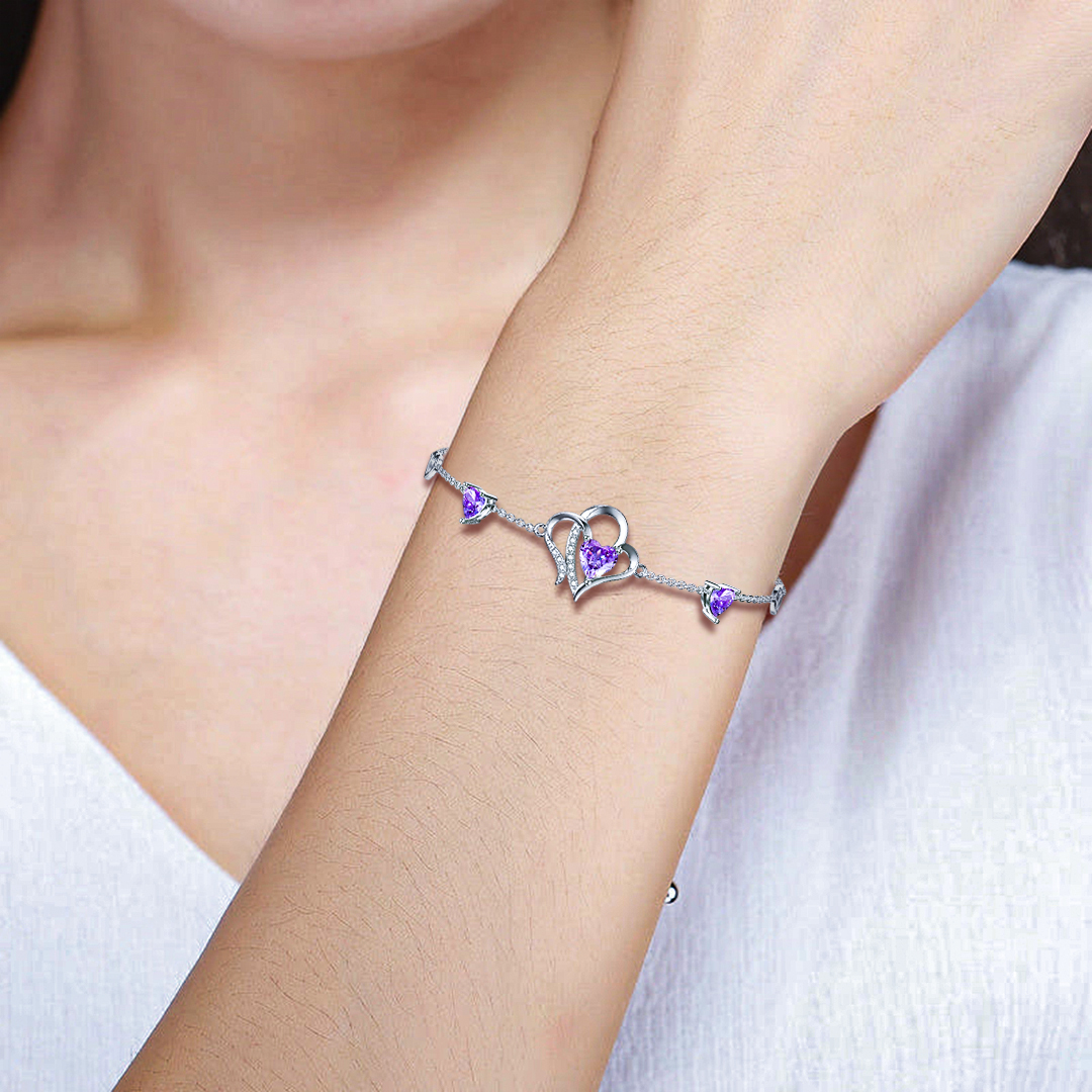 For Granddaughter - S925 Always Keep Me In Your Heart For You Are Always In Mine Amethyst Double Heart Bracelet