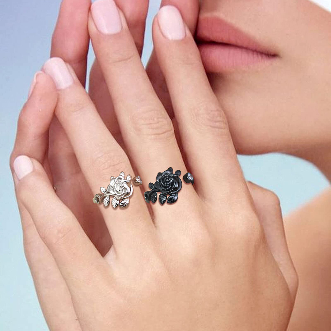 Burned and Survived Engraved Black Rose Open Ring