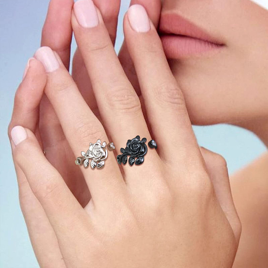 Burned and Survived Engraved Black Rose Open Ring