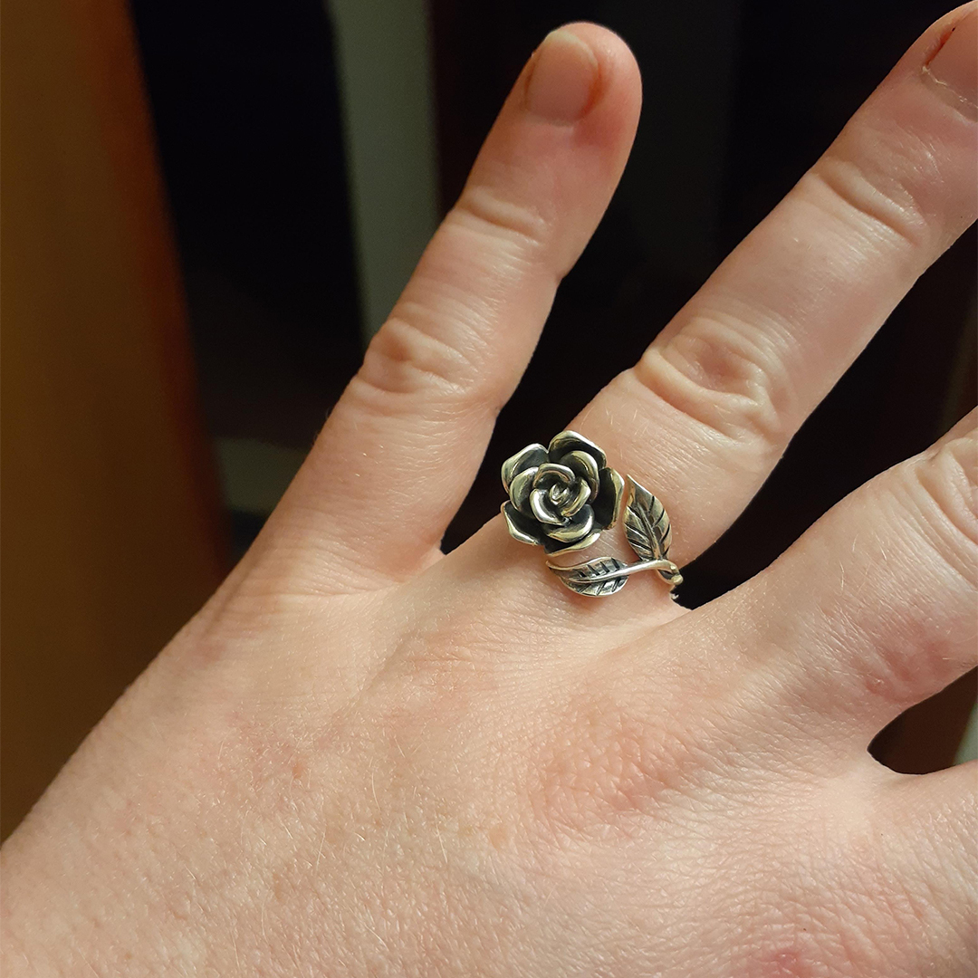 Strong As Fuck Black Rose & Leaf Open Ring