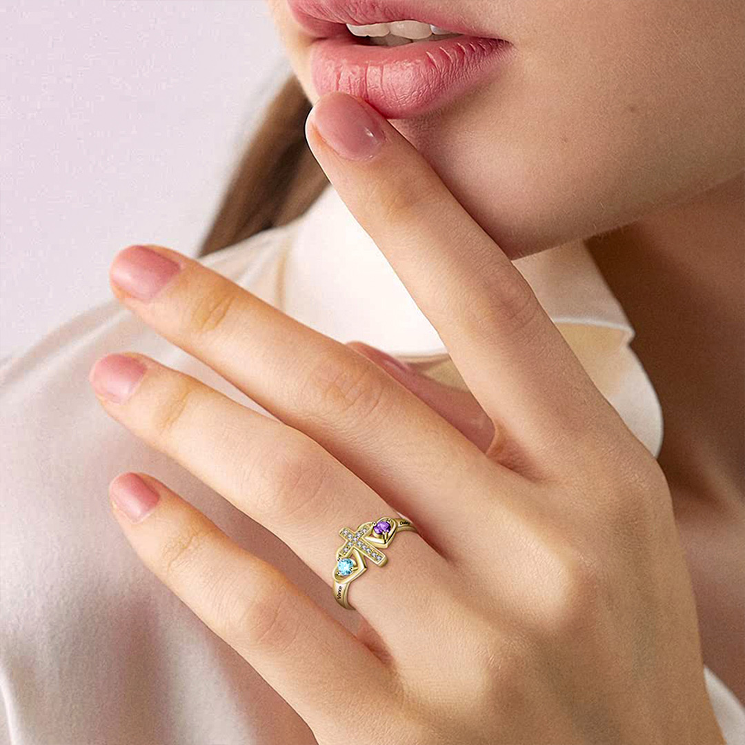 Mother & Daughter Custom Names & Birthstones Cross Ring