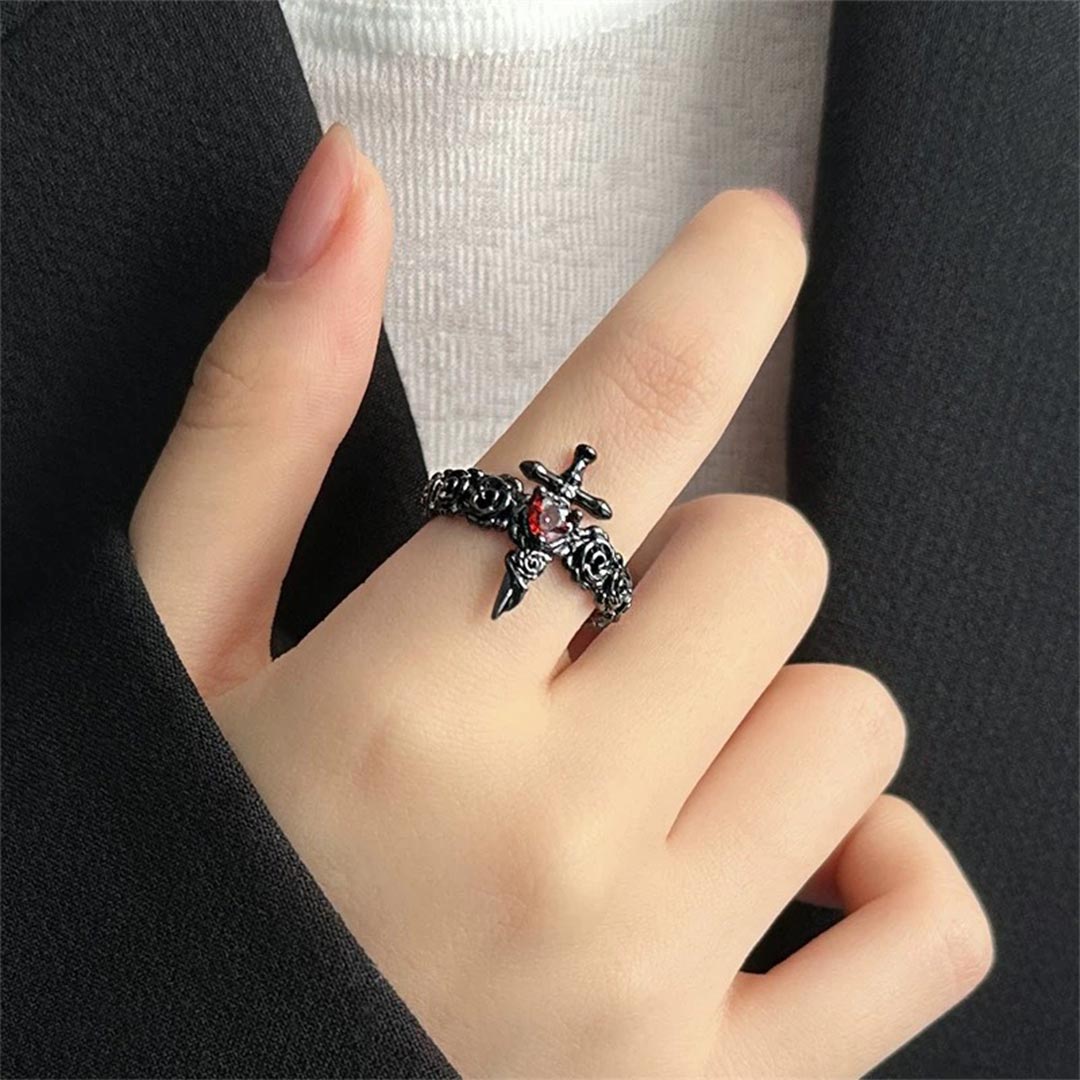 I’m Strong as Fuck-Black Rose Heart Sword Open Ring