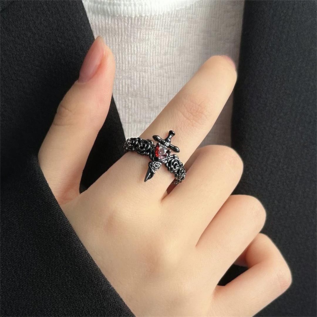 I’m Strong as Fuck-Black Rose Heart Sword Open Ring