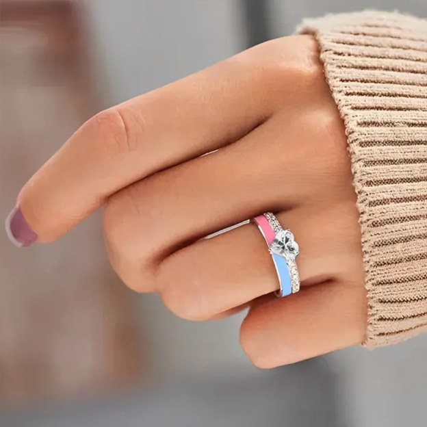 For Self - S925 Love Yourself Unconditionally Pink & Blue Drip Glaze Heart Ring