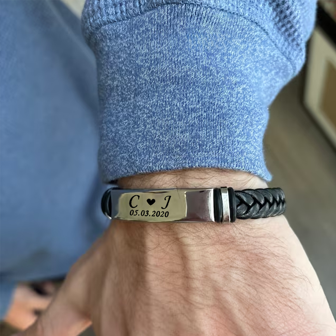 For Husband -  I Love You Until Infinity Runs Out Custom Initials And Date Horizontal Striped Leather Bracelet