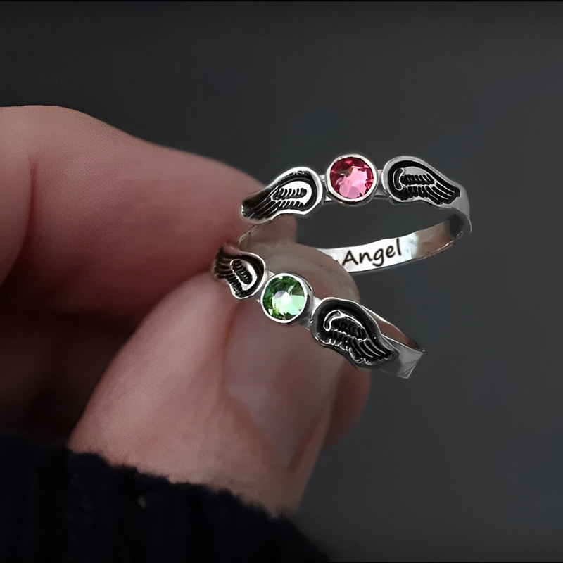 For Memorial - Hand Stamped Angel Wings Name & Birthstone Custom Ring