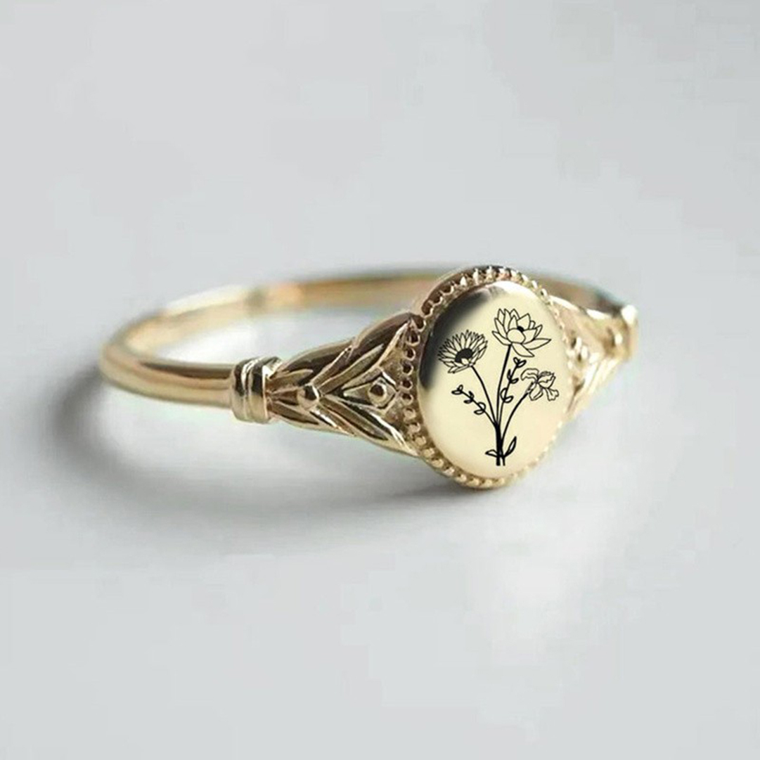 For Mother- Oval Birthday Flower Customized Ring
