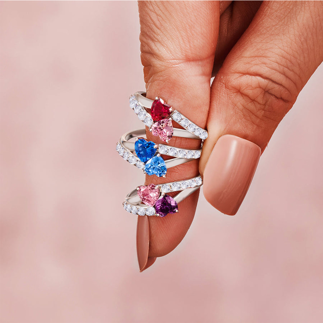 Mother And Daughter Forever Linked Together Heart Birthstones Custom Ring
