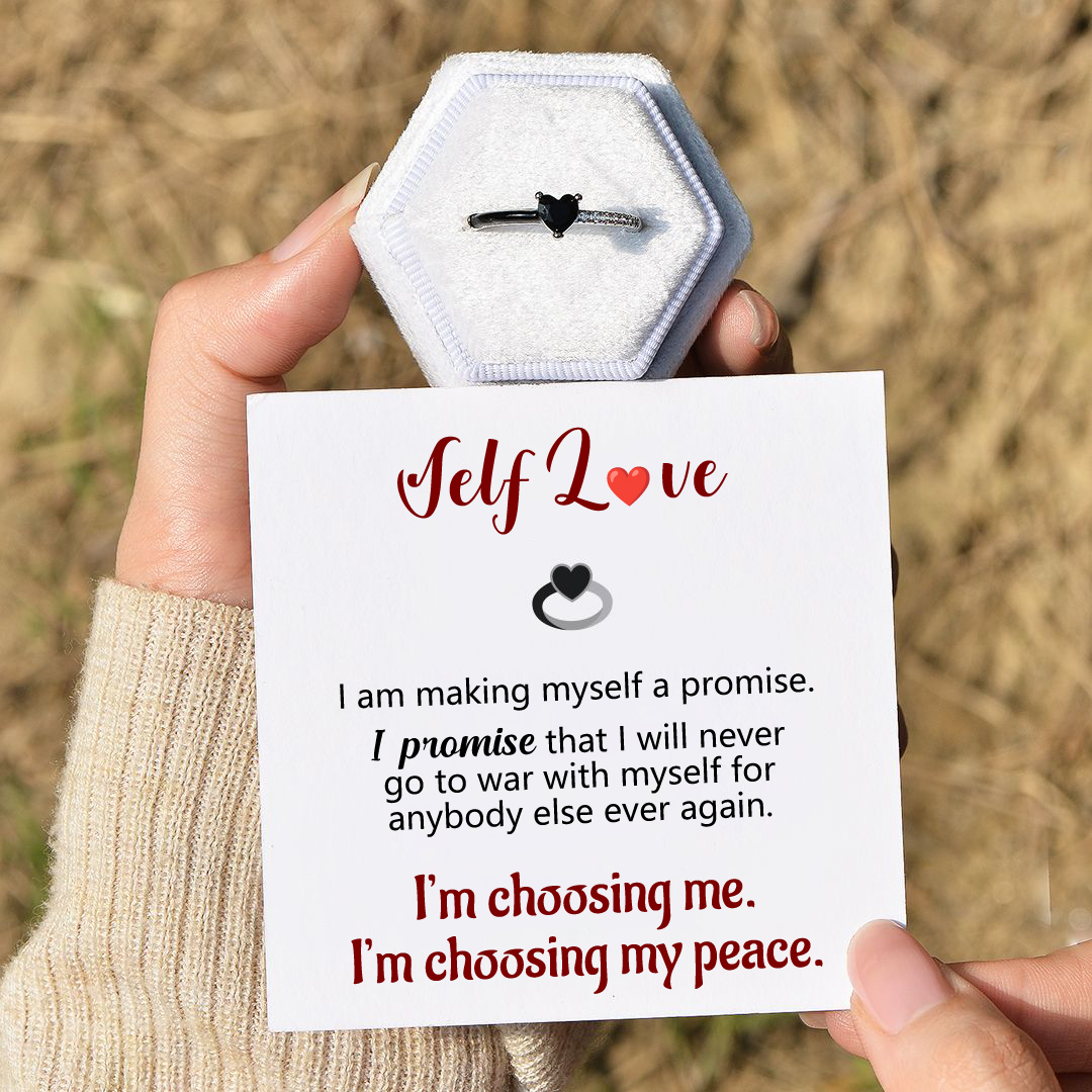 For Self - I’m Choosing Me And My Peace Black Ceramic Heart-shaped Open Ring
