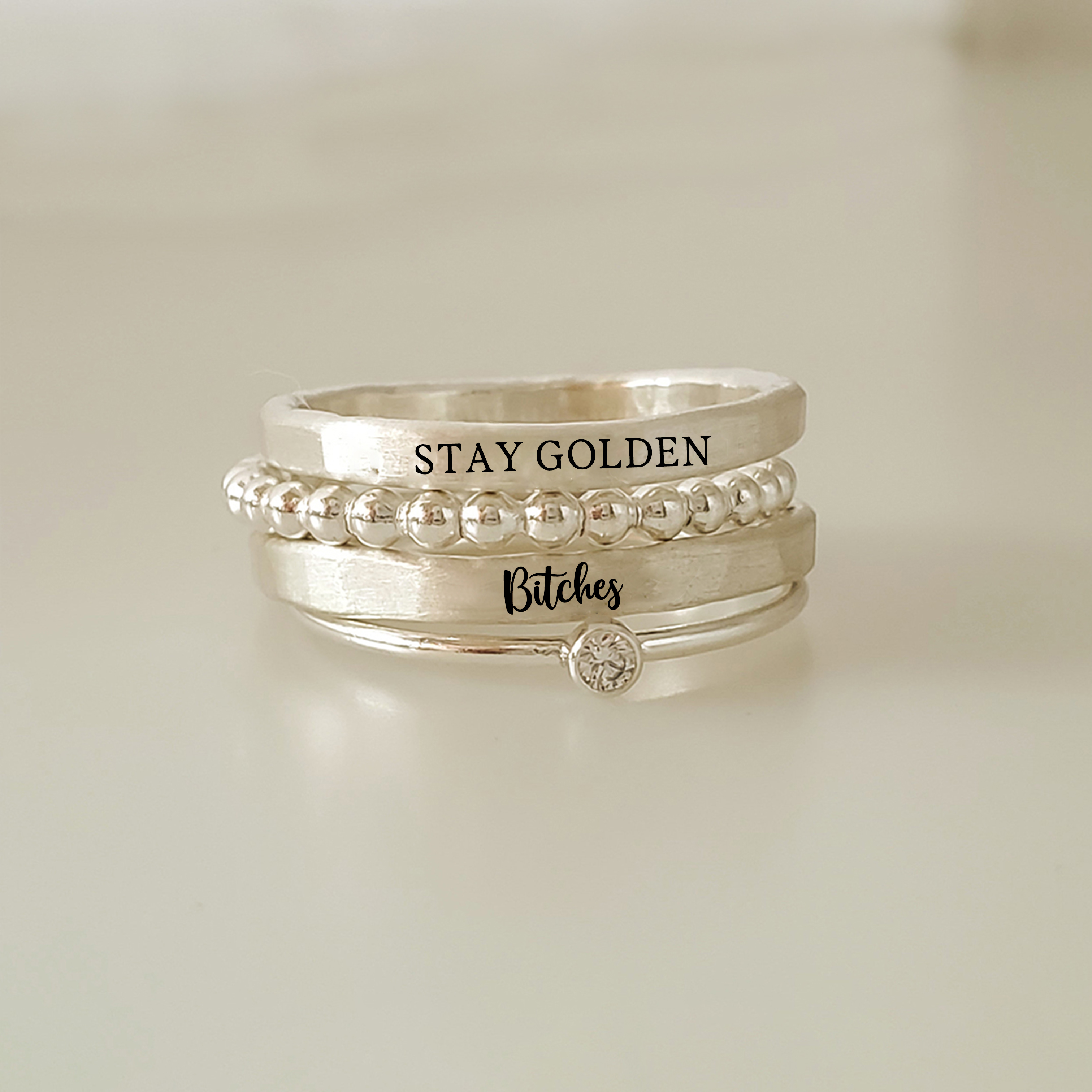 S925 Stay Golden Stacked Ring - 4 Rings Set