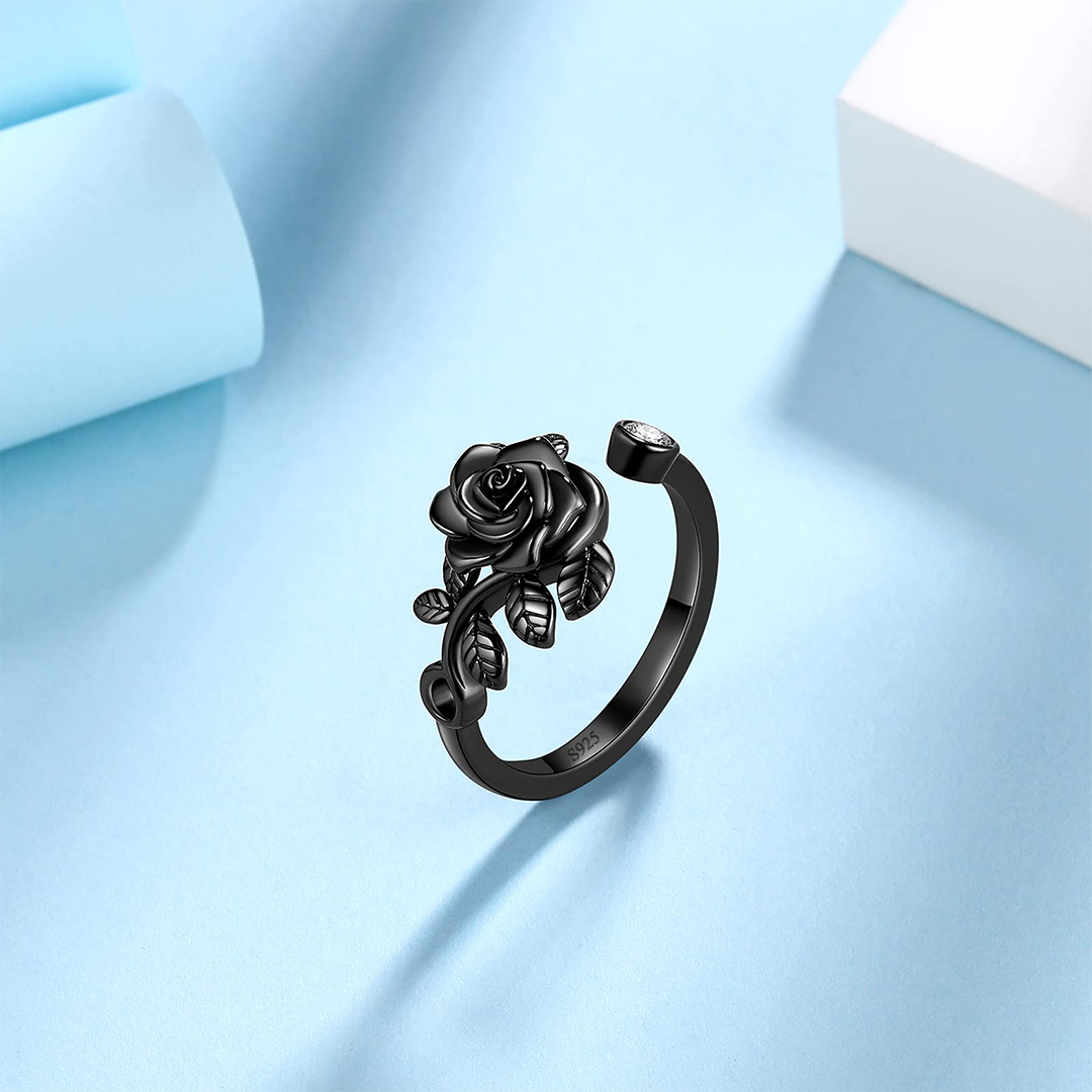 Burned and Survived Engraved Black Rose Open Ring