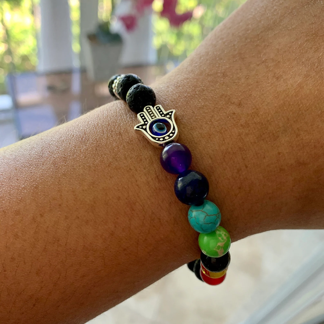Volcanic Lava Bead Evil Eye 7 Chakra Balancing Bracelet