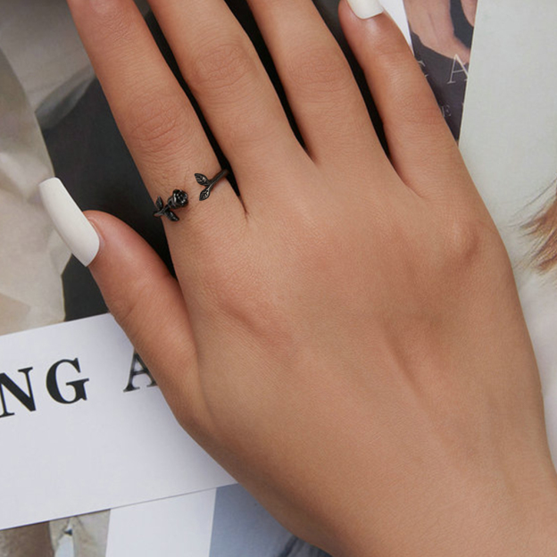 Strong As Fuck Black Rose & Leaf Open Ring