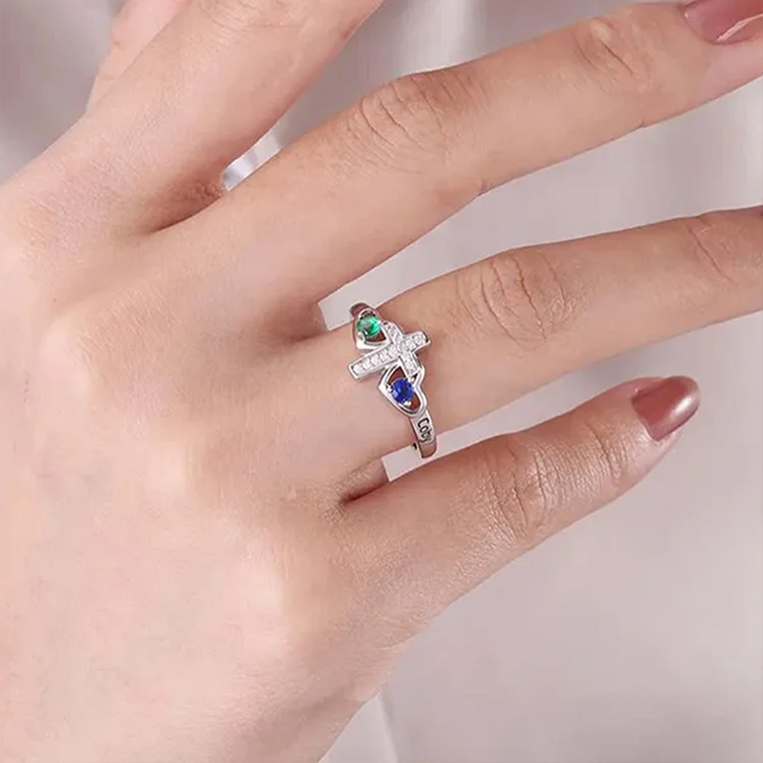 Mother & Daughter Custom Names & Birthstones Cross Ring