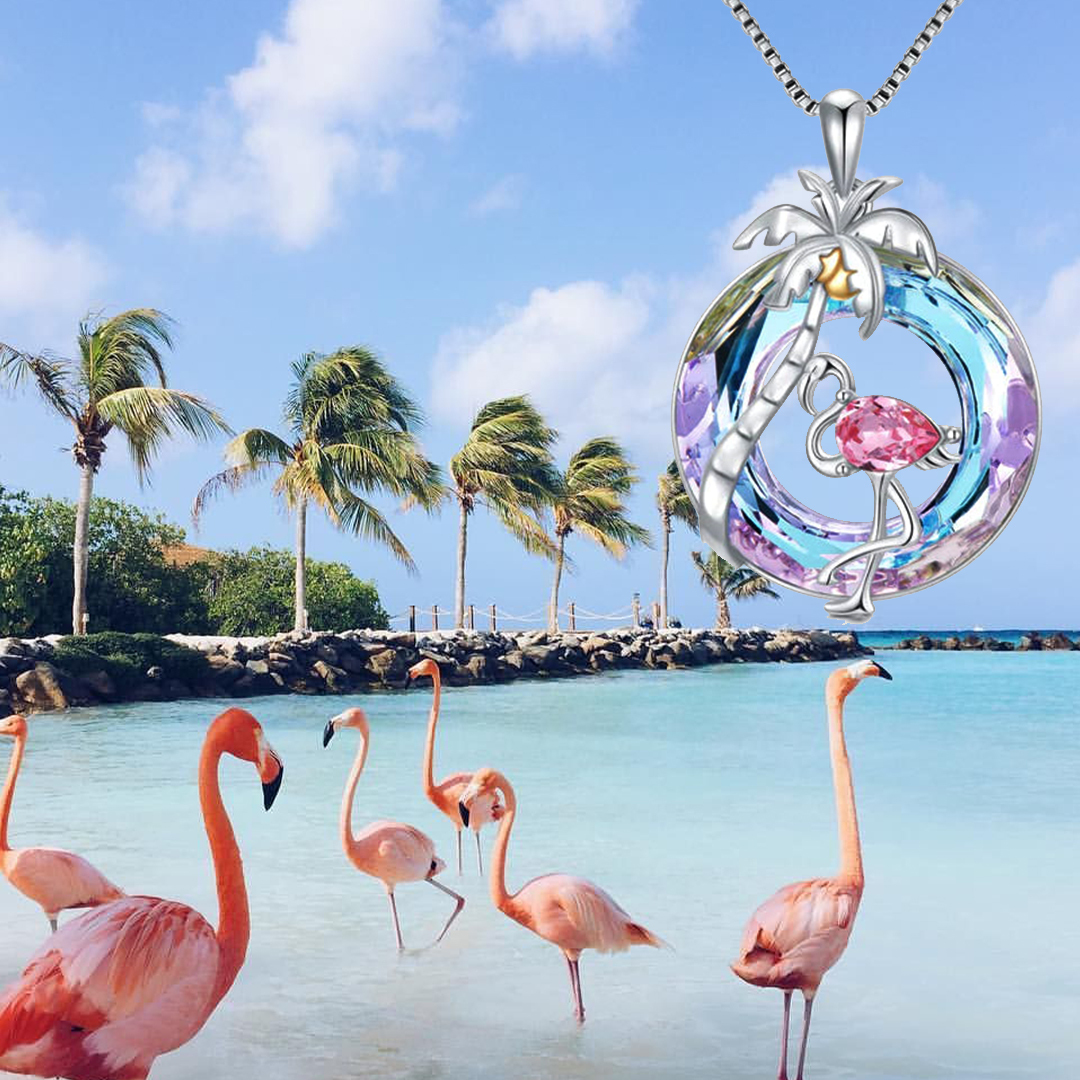 S925 Palm Tree and Flamingo Crystal Necklace